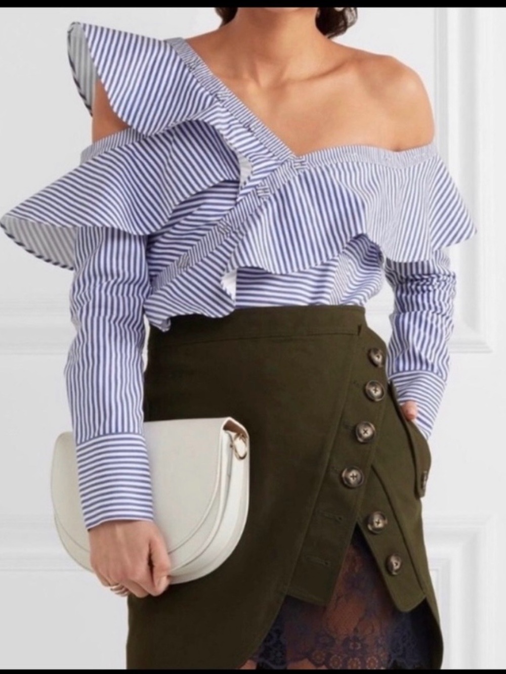Self-Portrait Blue and White Striped One-Shoulder Ruffle Top